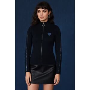 Vintage Y2K 2000s Moschino Jeans Black Full Zip Sweater Heart Sequin Small